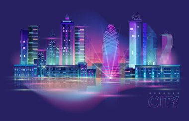 Neon parıltılı gece şehri manzarası. Vektör illüstrasyonu.