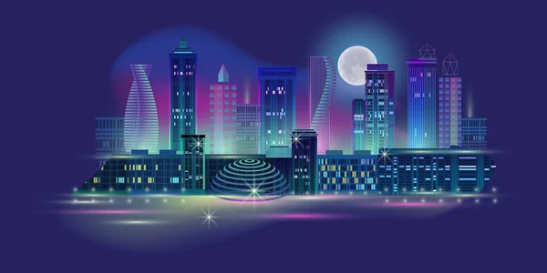 Vista nocturna de la ciudad con luna y neón resplandeciente. Ilustración vectorial . — Archivo Imágenes Vectoriales