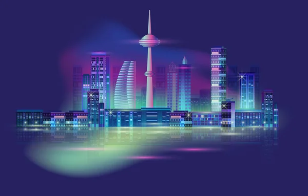 Vista nocturna de la ciudad con resplandor de neón. Ilustración vectorial . — Vector de stock