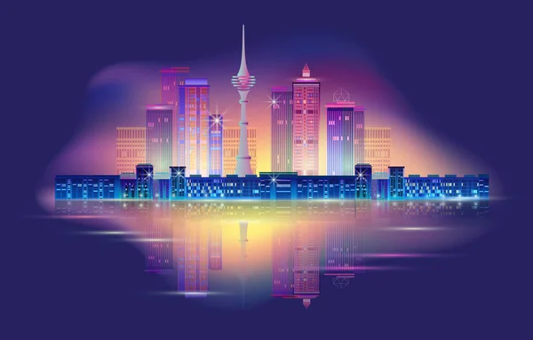 Noční panorama s neonovou září. Vektorová ilustrace. — Stockový vektor