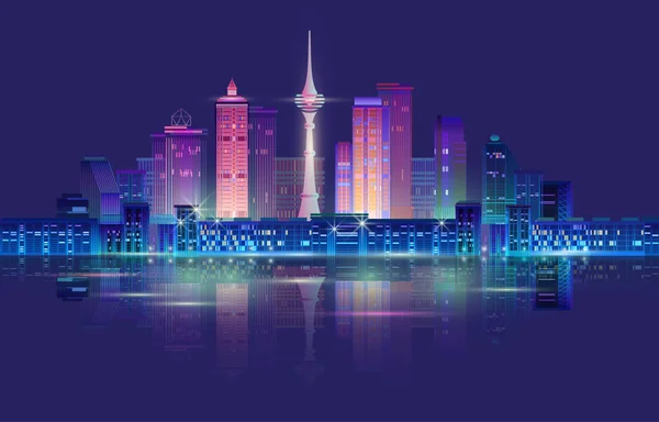 Nachtelijke stad panorama met neon gloed. Vectorillustratie. — Stockvector