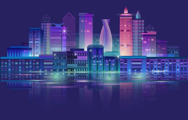 Πανόραμα της νυχτερινής πόλης με νέον λάμψη. Εικονογράφηση διανύσματος. — Διανυσματικό Αρχείο