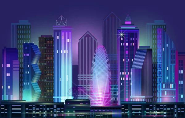 Panorama da cidade noturna com brilho de néon. Ilustração vetorial . — Vetor de Stock