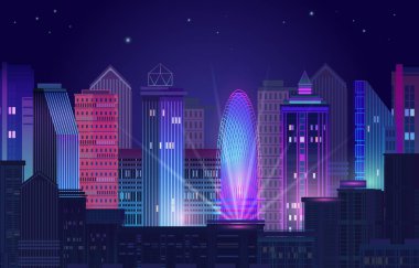 Night city panorama with neon glow on purple background. Vector.