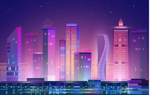 Panorama de la ciudad nocturna con brillo de neón sobre fondo púrpura. Vector . — Archivo Imágenes Vectoriales