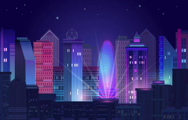 Night city panorama with neon glow on purple background. Vector.