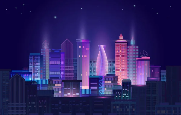 Vista nocturna de la ciudad con resplandor de neón. Ilustración vectorial . — Archivo Imágenes Vectoriales