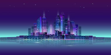 Gece şehri manzarası, ay ışığı ve neon ışığı. Vektör illüstrasyonu.