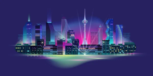 Panorama notturno della città con neon bagliore. Illustrazione vettoriale . — Vettoriale Stock