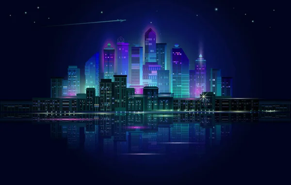 Panorama de la ciudad nocturna con brillo de neón sobre fondo azul. Vector . — Archivo Imágenes Vectoriales