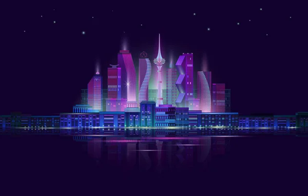 Night city panorama with neon glow. Vector illustration. — Stock Vector