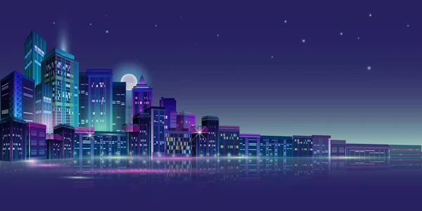 Night city panorama with moon and neon glow. Vector illustration. — Stock Vector