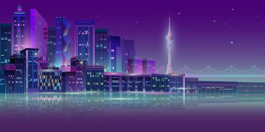 Night city panorama with tv tower. Vector illustration.