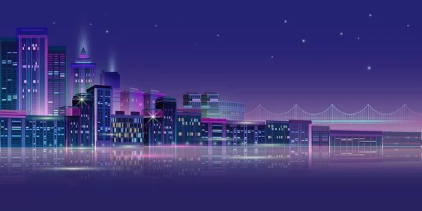 Gece şehri manzarası, ay ışığı ve neon ışığı. Vektör illüstrasyonu.
