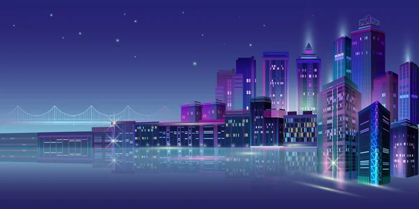 Night city panorama with neon glow on blue background. Vector. — 스톡 벡터