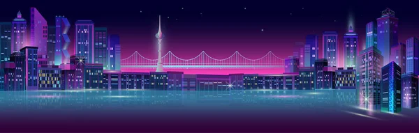 Panorama de la ciudad nocturna con brillo de neón sobre fondo púrpura. Vector . — Archivo Imágenes Vectoriales