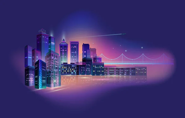 Night city panorama with neon glow. Vector illustration. — Stock Vector
