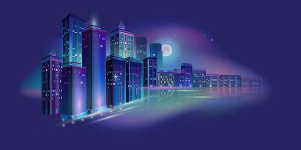 Vista nocturna de la ciudad con luna y neón resplandeciente. Ilustración vectorial . — Vector de stock