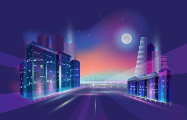 Gece şehri manzarası, ay ışığı ve neon ışığı. Vektör illüstrasyonu.