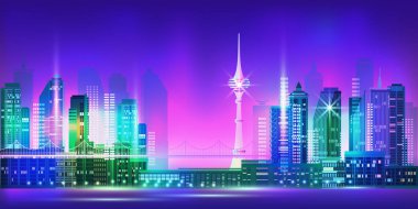Night city panorama with v tower and neon glow. Vector.