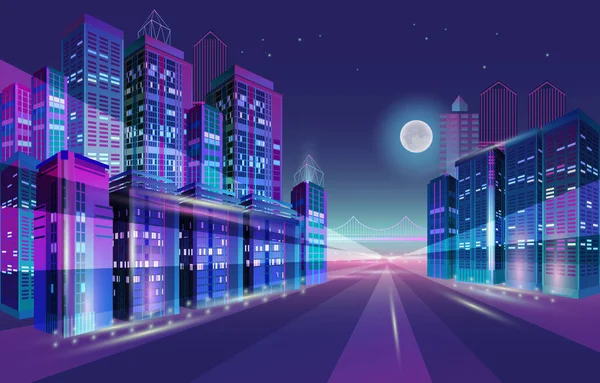 Nachtelijke stad panorama met maan en neon gloed. Vectorillustratie. — Stockvector