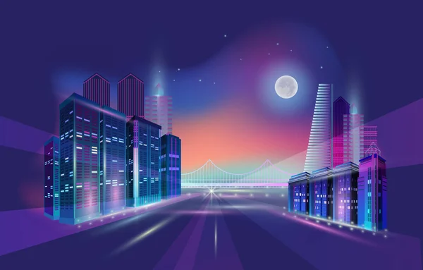 Night city panorama with moon and neon glow. Vector illustration. — Stock Vector