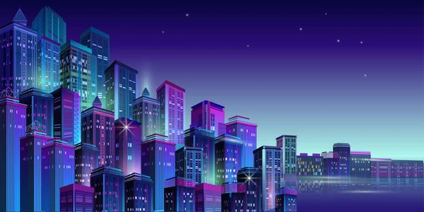 Panorama notturno della città con neon bagliore. Illustrazione vettoriale . — Vettoriale Stock