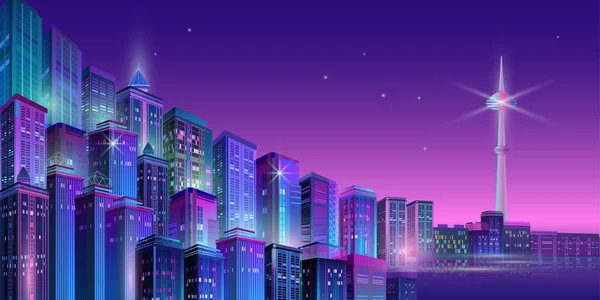 Noční panorama s neonovou září. Vektorová ilustrace. — Stockový vektor