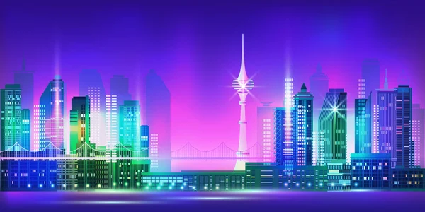 Night city panorama with v tower and neon glow. Vector. — Stockvektor