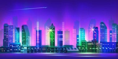 Neon parıltılı gece şehri manzarası. Vektör illüstrasyonu.