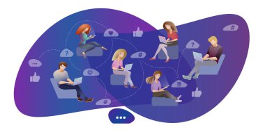 Sosyal ağ ve takım çalışması konsepti. Mobil cihazlar kullanan insanlar. Vektör.