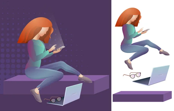 La joven está sentada y sostiene el teléfono. Ilustración vectorial . — Vector de stock