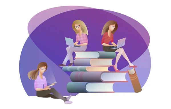 Mulheres sentadas em pilha de livros, segurando aparelhos digitais. Vetor . — Vetor de Stock