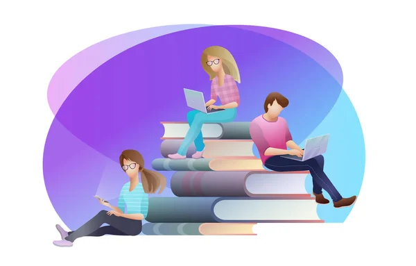 People sitting on stack of books, holding digital gadgets. Vector. — ストックベクタ