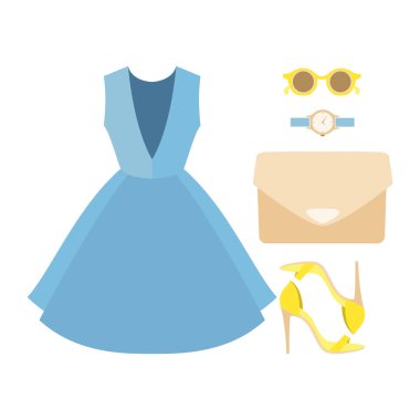 Trendy kadın giyim kadın elbise ve aksesuarlar ile kümesi