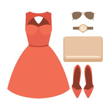 Trendy kadın giyim elbise ve aksesuarlar ile kümesi