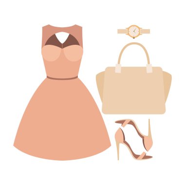 Trendy kadın giyim elbise ve aksesuarlar ile kümesi