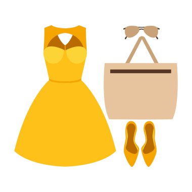 Trendy kadın giyim elbise ve aksesuarlar ile kümesi