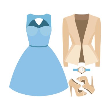 Trendy kadın giyim ceket, elbise ve aksesuarlar ile kümesi