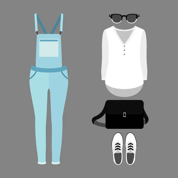 Conjunto de ropa de mujer de moda con denim mujer en general, camisa y accesorios — Vector de stock