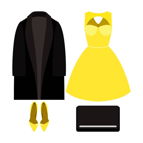 Conjunto de ropa de mujer de moda con abrigo, vestido y accesorios — Vector de stock