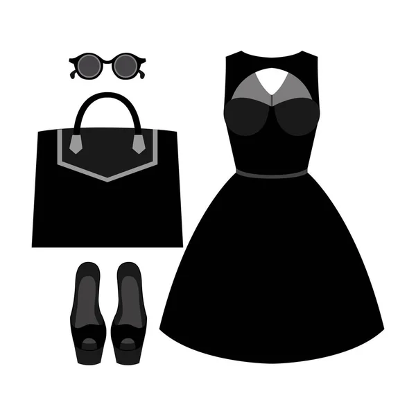 Conjunto de ropa de mujer de moda con vestido y accesorios — Vector de stock