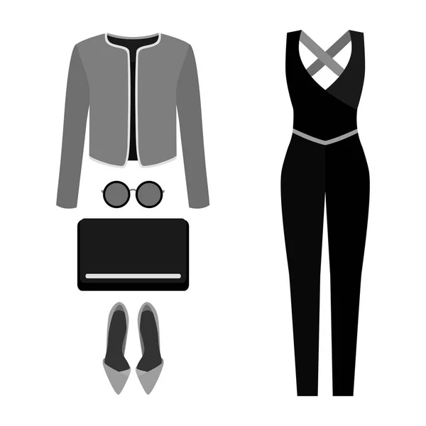 Μοντέρνα γυναικεία ρούχα με γυναίκα συνολικά, μπουφάν και αξεσουάρ Εικονογράφηση Αρχείου