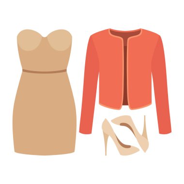 Trendy kadın giyim ceket, elbise ve aksesuarlar ile kümesi