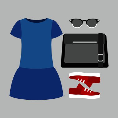 Trendy kadın giyim elbise ve aksesuarlar ile kümesi