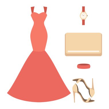 Trendy kadın giyim elbise ve aksesuarlar ile kümesi