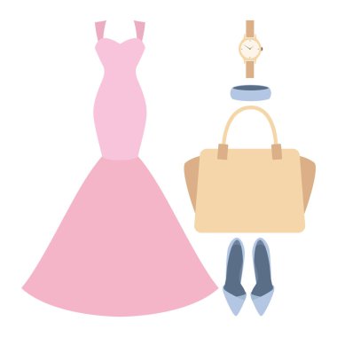 Trendy kadın giyim elbise ve aksesuarlar ile kümesi