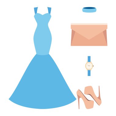 Trendy kadın giyim elbise ve aksesuarlar ile kümesi