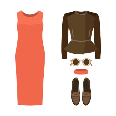 Trendy kadın giyim elbise, ceket ve aksesuarlar ile kümesi