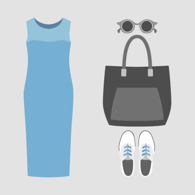 Trendy kadın giyim elbise ve aksesuarlar ile kümesi